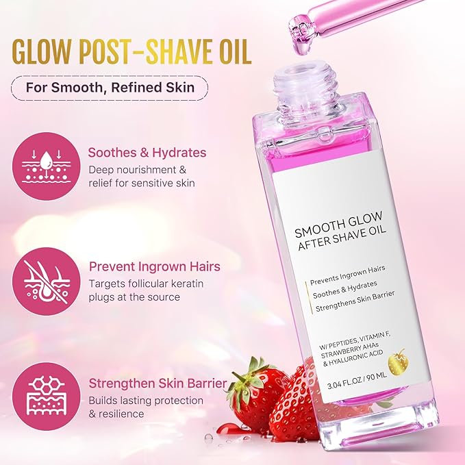 After Shave Oil, Women's Smooth Glow After Shave Oil 90ml - Prevent Ingrown Hairs & Razor Bumps, Strawberry AHA & Peptides for Soothing Hydration, Fast Absorbing, Vegan, Sensitive Skin Care