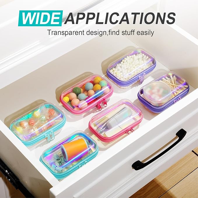 Sanwuta 6 Pcs Clear Hard Zipper Case Hard Plastic Zipper Pouches Makeup Bag Pencil Pouches Transparent Cases for Snacks Plastic Storage Organizer Box for Travel(Holographic,5 x 3 x 2 Inch)