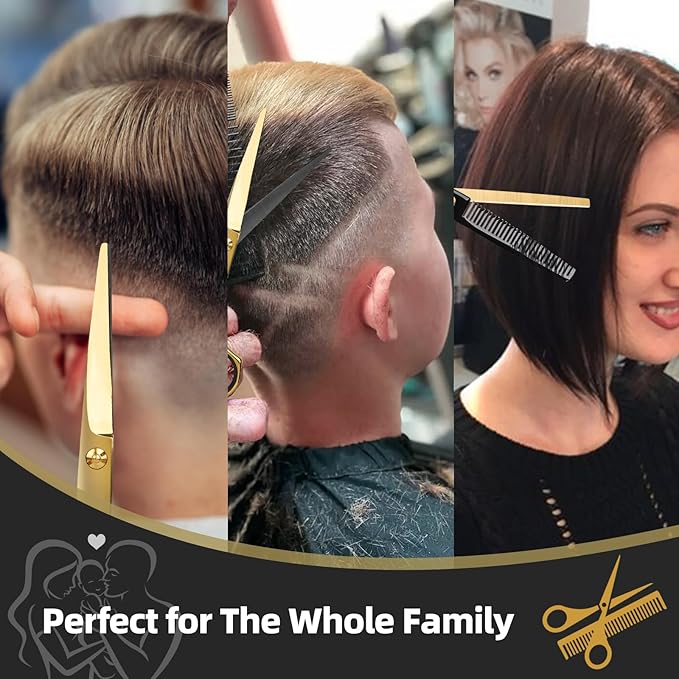 6.5” Professional Hair Cutting Scissors – Japanese Stainless Steel Salon Scissors, Premium Barber Shears for Hair Cutting, Home Use for Man Woman Adults Kids Babies (Black & Gold)