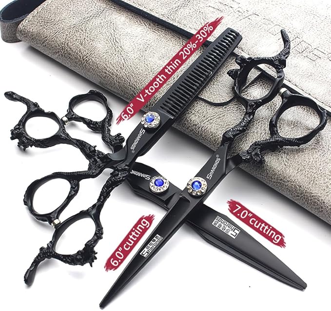 6+7 inch hair stylist barber scissors black plate dragon 440C hairdressing cutting scissors+thinning scissors (3PC)