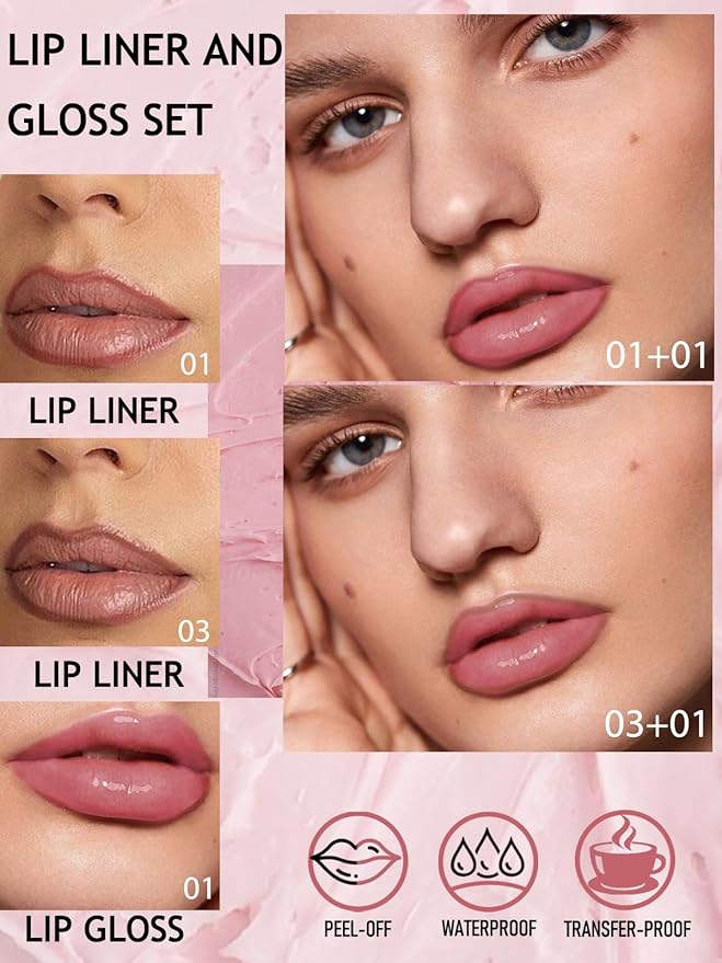 Peel Off Tattoo Lip Liner Stain Lip Gloss Combo Sets, 2 Colors Rose Pink Brown Matte Lip Liner and Nourishing Lip Gloss Tint Stain Kit, Long Lasting Waterproof Non Sticky Liquid Lipstick Makeup-Set 01