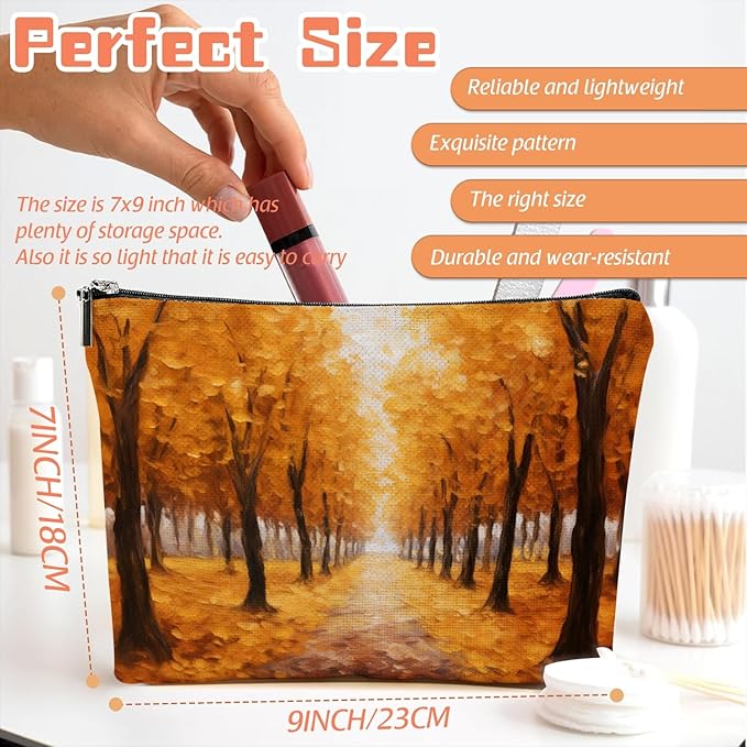 Makeup Bag Travel Cosmetic Bags Small Makeup Case Waterproof Zipper Pouch for Women Girls 7X9inches - Autumn Forest Path in Oil Painting