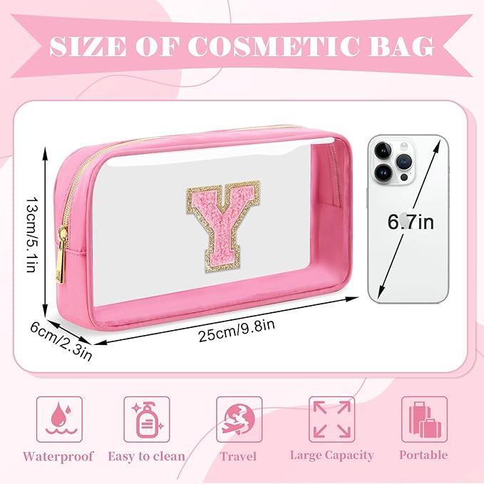 Personalized Initial Letter Clear Makeup Bag,Preppy Small Nylon&PVC Cosmetic Zipper Bag with Chenille Letter,Portable Beach Travel Skincare Toiletry Bag,Trendy Monogram Gift for Teen Girls Women,Y