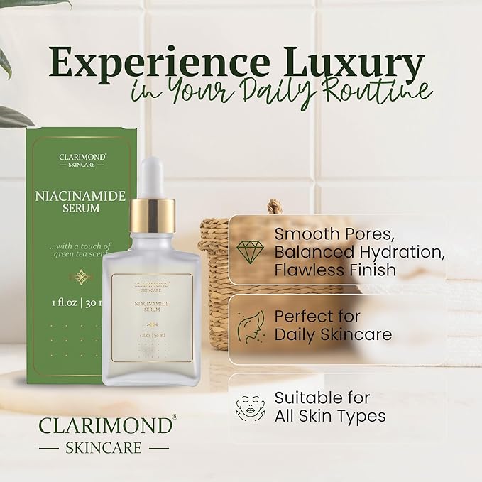 CLARIMOND Niacinamide Serum with Green Tea extract | 5% Niacinamide & Hyaluronic Acid | Hydration, Pore Refinement & Oil Control | Lightweight, Calming Formula for All Skin Types