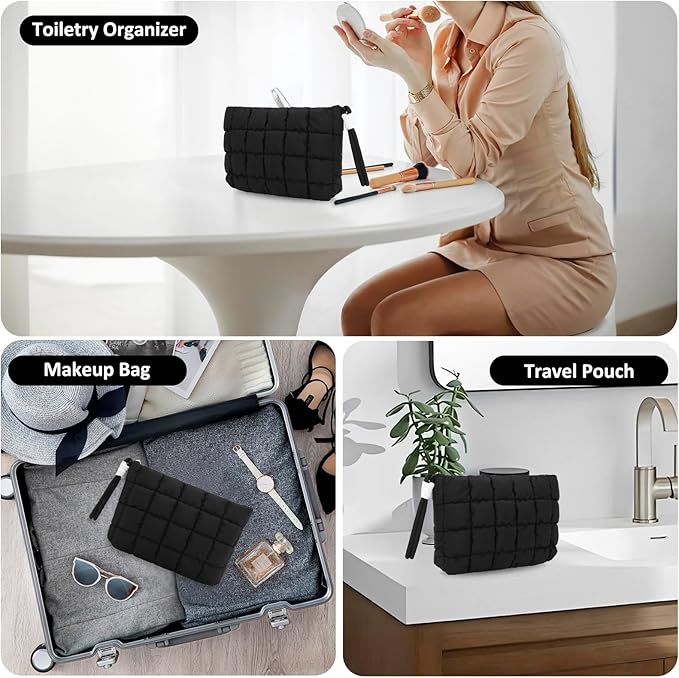 DOB SECHS Puffer Quilted Makeup Bag with Handle Detachable Women Cute Puffy Cotton Cosmetic Bag, Small Toiletry Zipper Make Up Pouch Purse, Checkered Storage Organizer Clutch Bag Travel Case, Black