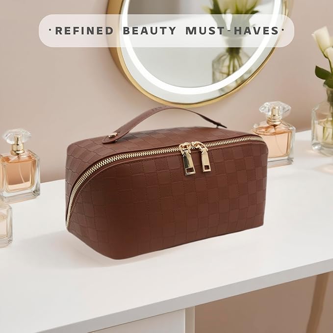 Travel Makeup Bag – Large Cosmetic Organizer with Waterproof PU Leather, Smooth Double Zipper & Tear-Resistant Lining, Toiletry Pouch for Women (Brown)