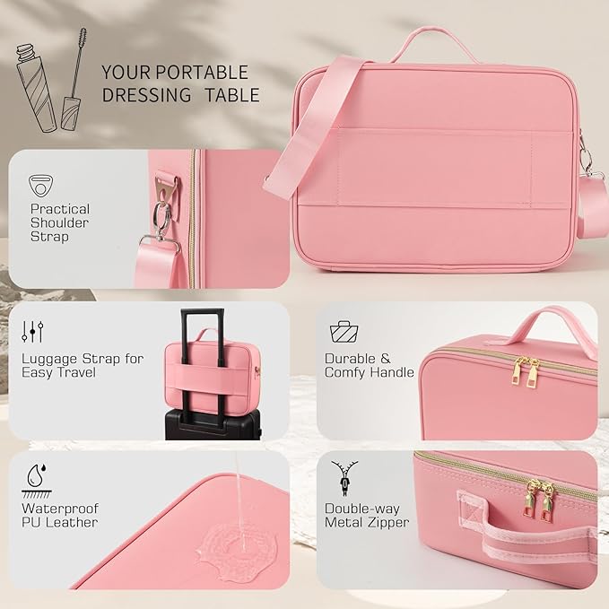 15''X11'' Makeup Bag with Removeable Lighted Mirror, Travel Makeup Case with 3 Color Lights Dimmable Brightness, Large Capacity Cosmetic Organizer Case with Detachable Dividers & Shoulder Strap