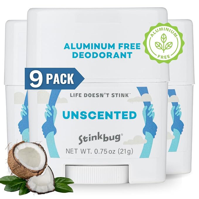Stinkbug Naturals Aluminum Free Organic Travel Size Deodorant Stick with Unscented, Coconut Oil, Paraben Free, Sensitive Skin Deodorant, 0.75 Ounce Pack of 9