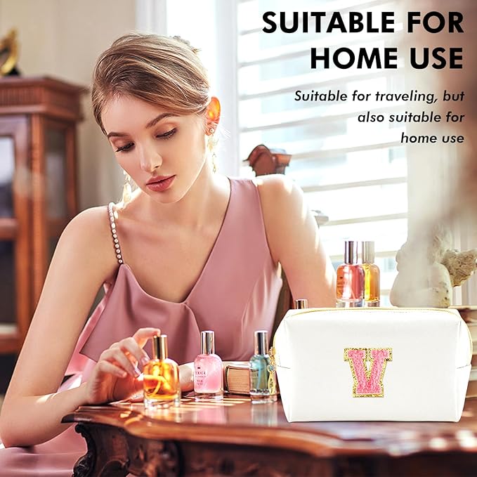 Initial Makeup Bag Personalized Preppy Travel Small Cosmetic Bag Cute PU White Chenille Letter Makeup Pouch for Purse Waterproof Zippered Toiletry Organizer for Women Girls Kids Friends (V)
