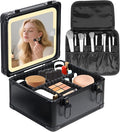 Travel Makeup Case with Lighted LED Mirror – Waterproof Cosmetic Organizer with Adjustable Dividers, Portable Makeup Train Case for Women, Black