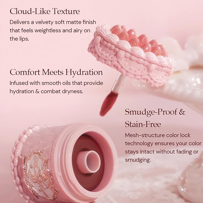 Flower Knows Strawberry Cupid Cake Lip Cream,Velvety-Smooth Matte Liquid Lipstick,Hydrating,Smudge-proof & Stain-Free Lip Stain(V01 Vanitea,0.17 Fl Oz)