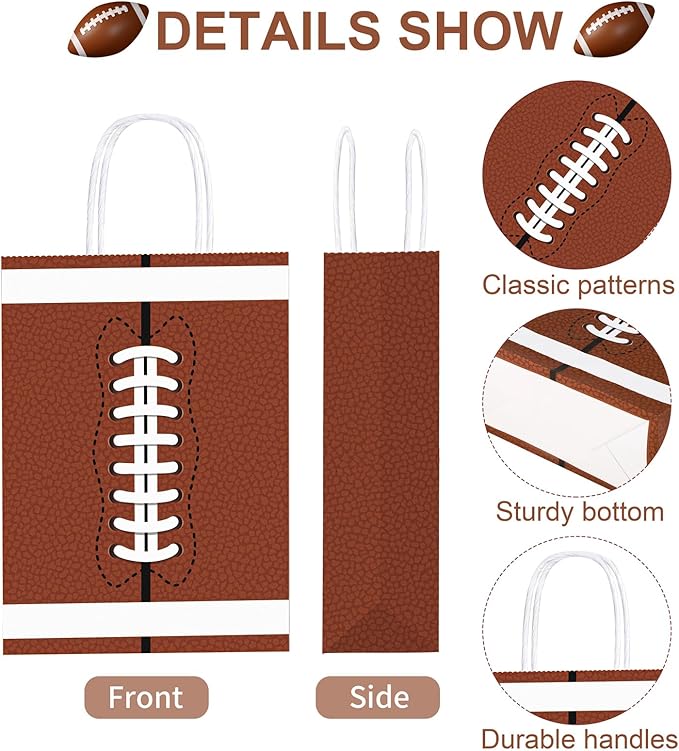 durony 16 Pieces Football Gift Bags with Handles Football Party Favor Bags Paper Treat Bags Football Goodie Bags Candy Snack Bags Football Theme Party Decorations for Birthday Party Supplies