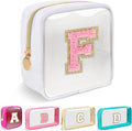 Mini Clear Personalized Initial Makeup Bag,Nylon Preppy A-Z Chenille Letter Patch Zipper Cosmetic Bag, Small Cute Beach Pouch Travel Purse Sanitary Napkin Storage Bag for Women Girls(White-Pink F)