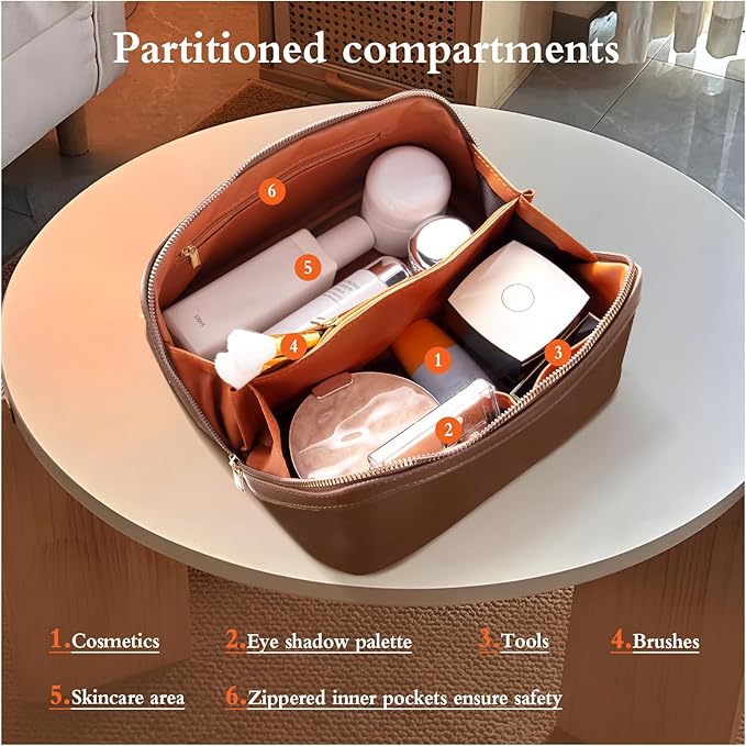 Abiudeng Travel Makeup Bag Large Capacity Toiletry Bag for Travel Essentials Open Flat Makeup bag Organizer with Divider and Handle-Brown