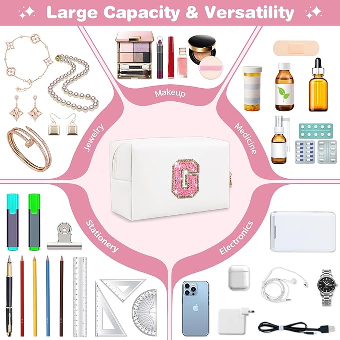 Small Initial Patch Makeup Bag Personalized Gifts Make Up Bag,White Cute PU Leather Glitter Letter Cosmetic Bag with Zipper,Trendy Portable Travel Toiletry Pouch,Preppy Stuff for Teen Girls Women G