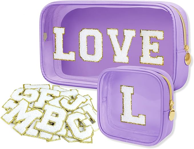2PCS Personalized Makeup Bag Set, 2PCS Toiletry Bag & 26 Chenille Letters, Clear Makeup Pouch, Preppy Stuff Gifts for Teen Girls (Purple)