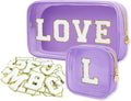 2PCS Personalized Makeup Bag Set, 2PCS Toiletry Bag & 26 Chenille Letters, Clear Makeup Pouch, Preppy Stuff Gifts for Teen Girls (Purple)