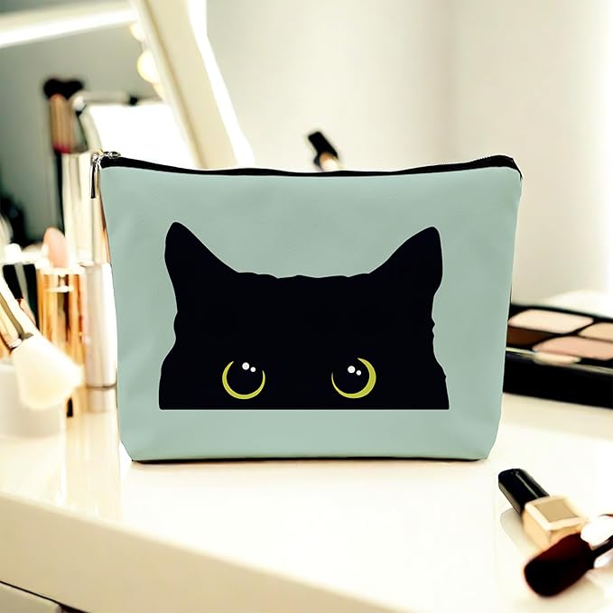 Black Cat Makeup Bag – Cute Cosmetic Pouch Travel Toiletry Bag, Zipper Organizer for Women Girls, Multifunction Cat Lover Gift Purse (Greener Pu Leather)