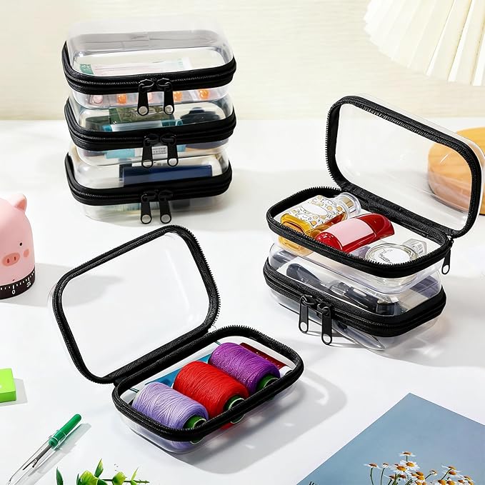 Sanwuta 6 Pcs Clear Hard Zipper Case Hard Plastic Zipper Pouches Makeup Bag Pencil Pouches Transparent Cases for Snacks Plastic Storage Organizer Box for Travel(Black,5 x 3 x 2 Inch)