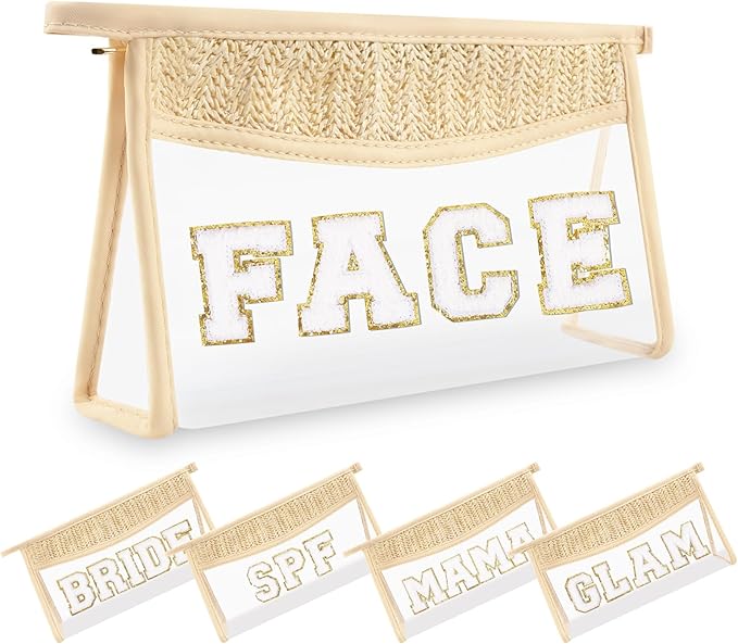 Small Boho Straw Clear Face Makeup Bags for Women&Girls, Zipper Cosmetic Bag Chenille Varsity Letter Patch Bag, Preppy Cute Toiletry Pouch, Trendy Organizer Storage Bag for Beach Travel Essentials