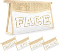 Small Boho Straw Clear Face Makeup Bags for Women&Girls, Zipper Cosmetic Bag Chenille Varsity Letter Patch Bag, Preppy Cute Toiletry Pouch, Trendy Organizer Storage Bag for Beach Travel Essentials