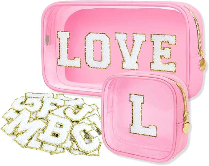 2PCS Personalized Makeup Preppy Bag Set, 2PCS Toiletry Bag & 26 Chenille Letters, Clear Makeup Pouch, Birthday Gifts for Girls (Pink)