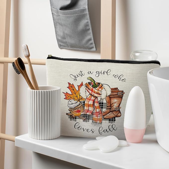 Just a Girl Who Loves Fall Makeup Bag, Fall Gifts for Women, Fall Lovers Gifts, Autumn Pumpkin Coffee Cosmetic Bag for Women, Fall Themed Gifts, Womens Makeup Bag, Fall Makeup Pouch