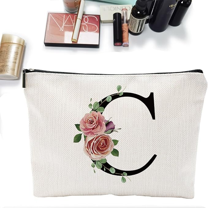 Initial A-Z Personalized Letter Makeup Bag, Monogrammed Bridesmaid Gifts/Presents Cosmetic Bag, Portable Stationery Storage Organizer Pouch, Friendship Love Travel Makeup Bags