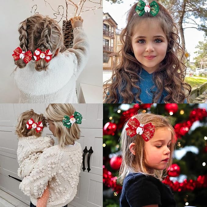 4 Pcs Christmas Hair Clips Glitter Xmas Bow Hair Accessories for Girls Cute Bear Santa Claus Hairpin Ribbon Winter Hair Barrettes Red Green Holiday Claw Clips for Women Christmas Hair Decoration