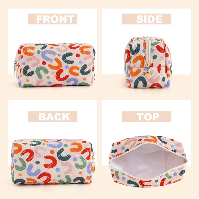 Makeup Bag Travel Toiletry Bag for Women, Small Cosmetic Bags Cute Quilted Cotton Makeup Pouch for Purse Emergency Bag for School Floral Pencil Case Accessory Bag, Colorful