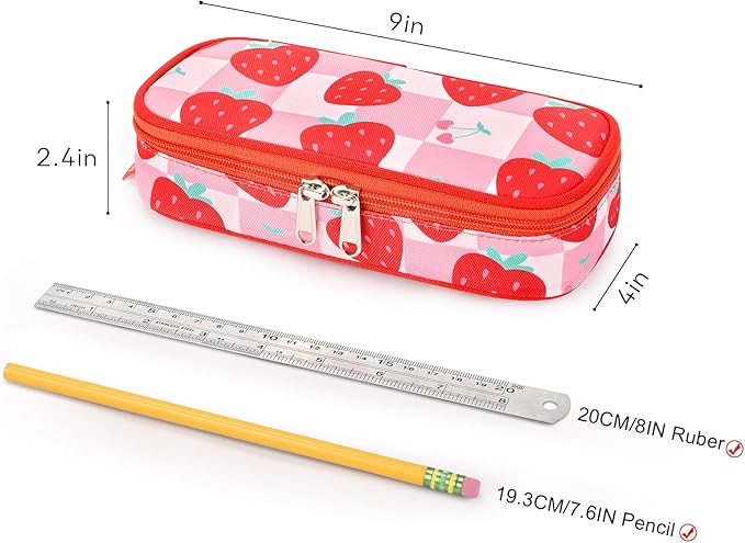 mibasies Girls Pencil Case for Kids, Multi-Slot Pencil Pouch, Strawberry Checkerboard Red