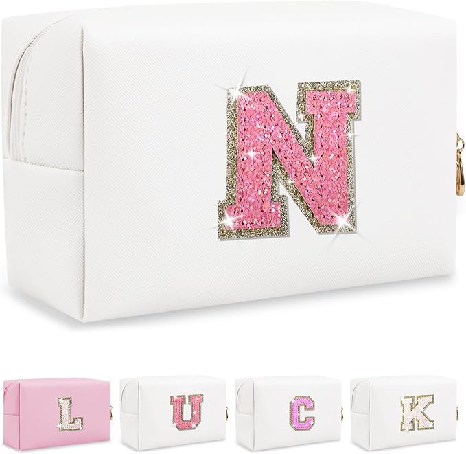 Personalized Initial Letter Makeup Bag, Small Glitter Letter Patch Cosmetic Pouch Zipper, Preppy Makeup Organizer PU Waterproof Travel Toiletry Bag, Monogrammed Birthday Gift for Women Girls