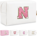 Personalized Initial Letter Makeup Bag, Small Glitter Letter Patch Cosmetic Pouch Zipper, Preppy Makeup Organizer PU Waterproof Travel Toiletry Bag, Monogrammed Birthday Gift for Women Girls