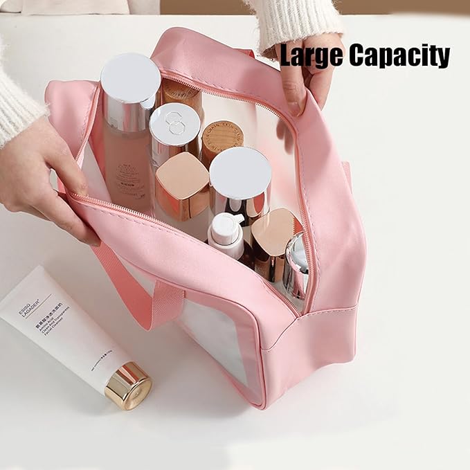 Clear Travel Bags for Toiletries,3 Pack Toiletry Bag,Matte Translucent Toiletry Bag,Makeup Bag With Handy Handle,Travel Pouch,Makeup Cosmetic Organizer for Travel Essentials(Pink)