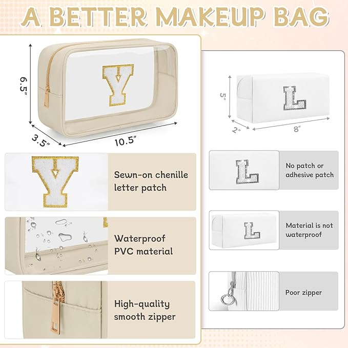 Personalized Initial Clear Makeup Bag, Travel Chenille Patch Cosmetic Bag, Preppy Toiletry Bag Monogram Cosmetic Pouch with Zipper, Ideal Gift for Teen Girls Women (Clear-Beige, Y)