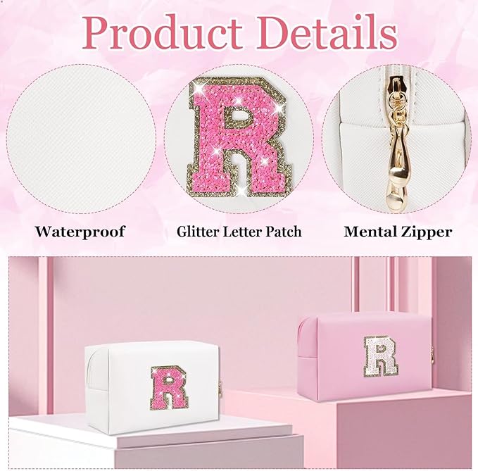 Small Personalized Glitter Initial Letter Makeup Bag, Cute PU Leather Chenille Letters Cosmetic Bag Travel Makeup Pouch, Preppy Travel Organizer Zipper Pouch for Women&Girls（WhiteRosePink-R）