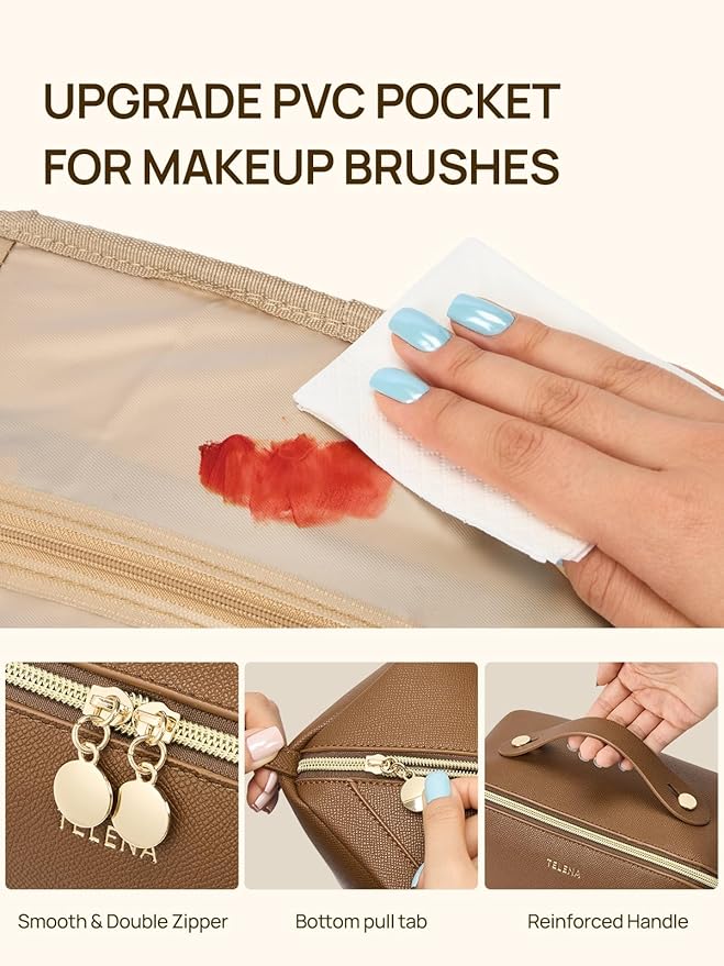 Telena Leather Make Up Bag Portable Travel Makeup Bag Waterproof Cosmetic Bags for Women Large Capacity With Handle and Divider Open Flat