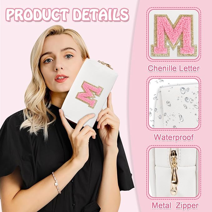 Small Travel Initial Preppy Makeup Bag, Personalized White Cute Cosmetic Organizer Chenille Letter Travel Toiltery Zipper Pouch, Waterproof PU Leather Make Up Case Gifts for Mom Women Female(Letter M)