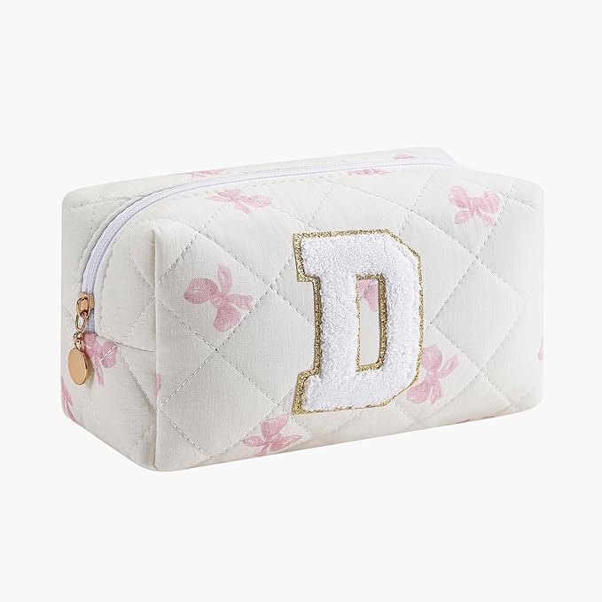 Gleyemor Personalized Initial Makeup Bag for Women, Cute Quilted Pink Floral Cotton Cosmetic Bag, Christmas Gifts for Her Mom Friend Sister Bridesmaid Teacher Women D