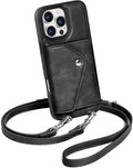 LUCKYCOIN Crossbody Wallet Phone Case for iPhone 16 Pro Max,100% Genuine Leather Wallet Phone Case with Expandable Flip Card Holder,Phone Purse for Women with Adjustable Removable Strap - Black