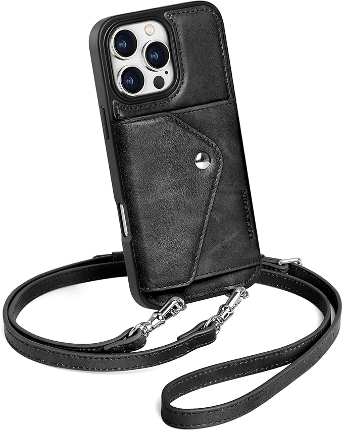 LUCKYCOIN Crossbody Wallet Phone Case for iPhone 16 Pro Max,100% Genuine Leather Wallet Phone Case with Expandable Flip Card Holder,Phone Purse for Women with Adjustable Removable Strap - Black