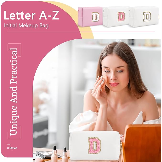 Personalized Makeup Bag Initial A-Z Preppy Patch Bag,Small PU Leather Travel Cosmetic Bag Pouch with Zipper,White Cute Toiletry Bag,Gift Ideal for Teen Girls Women Birthday Friend Mom,Letter D