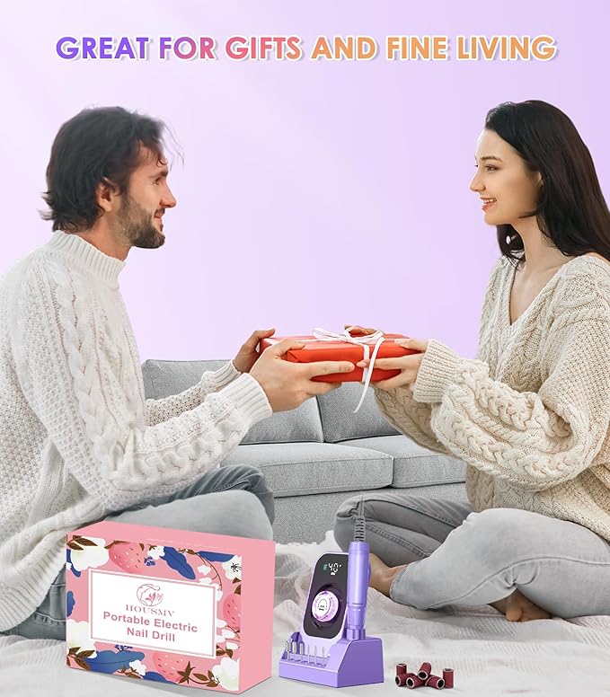 Portable Electric Nail Drill Machine: Professional Nail File Machine 40000RPM, Rechargeable Cordless Nail-E File with Bits & Base for Acrylic Nails Remove Gel Polish Manicure Salon Home, Light Purple