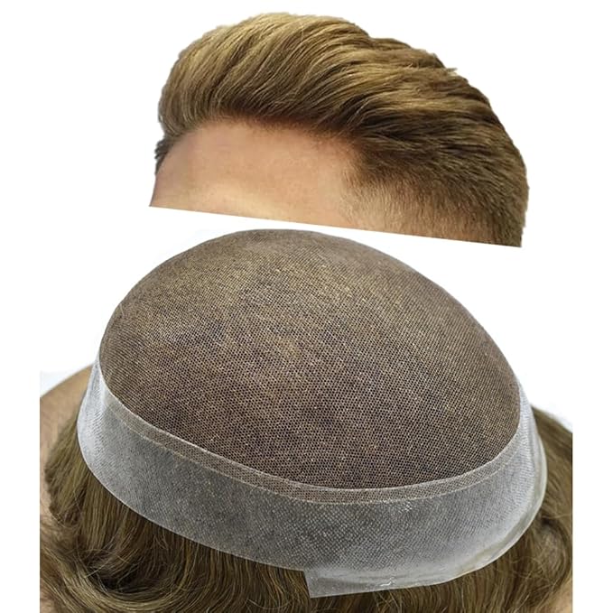 FACE MIRACLE Hair System for Men French Lace Mens Toupee Human Hair Replacement System Lace with PU Toupee for Men Male Hair Piece Wigs 8"X10" #720 7# VERY LIGHT BROWN WITH 20% SYNTHETIC GREY
