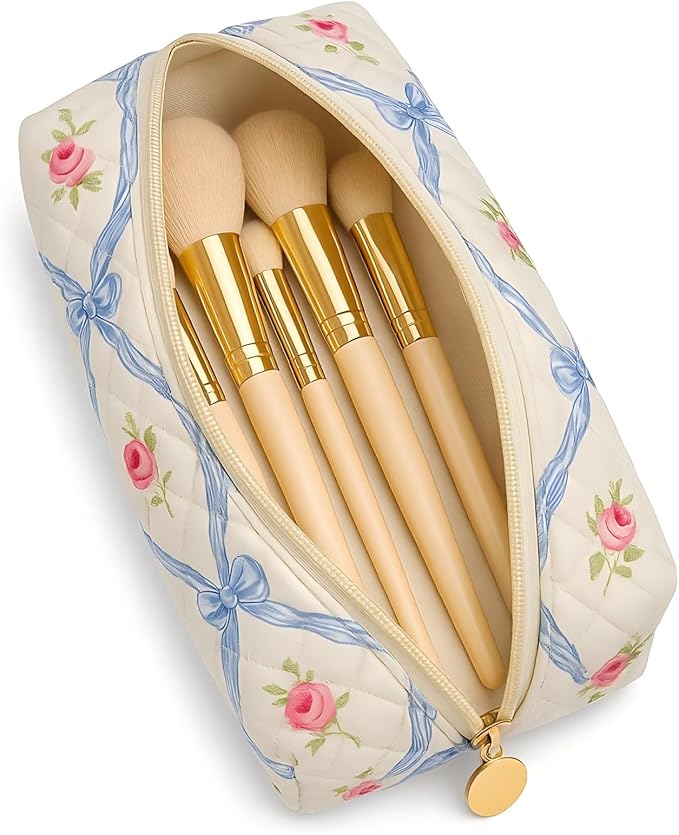 Floral Cotton Makeup Brush Cosmetic Bag for Women, Travel Quilted Zipper Pouch, Large Capacity Flowers Toiletry Organizer, Kawaii Makeup Storage Case, Cosmetic Travel Cloth Bag-Blue Bow