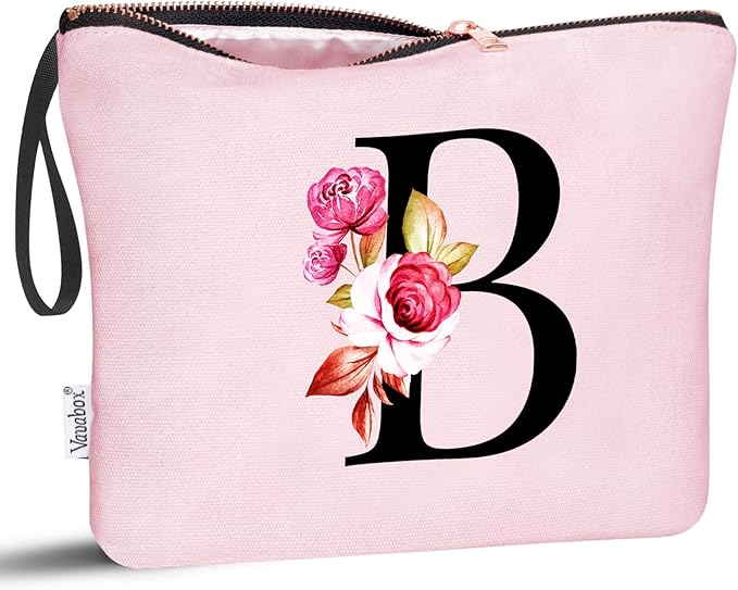 Vavabox A-Z Personalized Makeup Bag, Birthday Gifts for Women Mom, Gifts for Best Friend, Bride Bridesmaid Cosmetic bag (B, Pink)