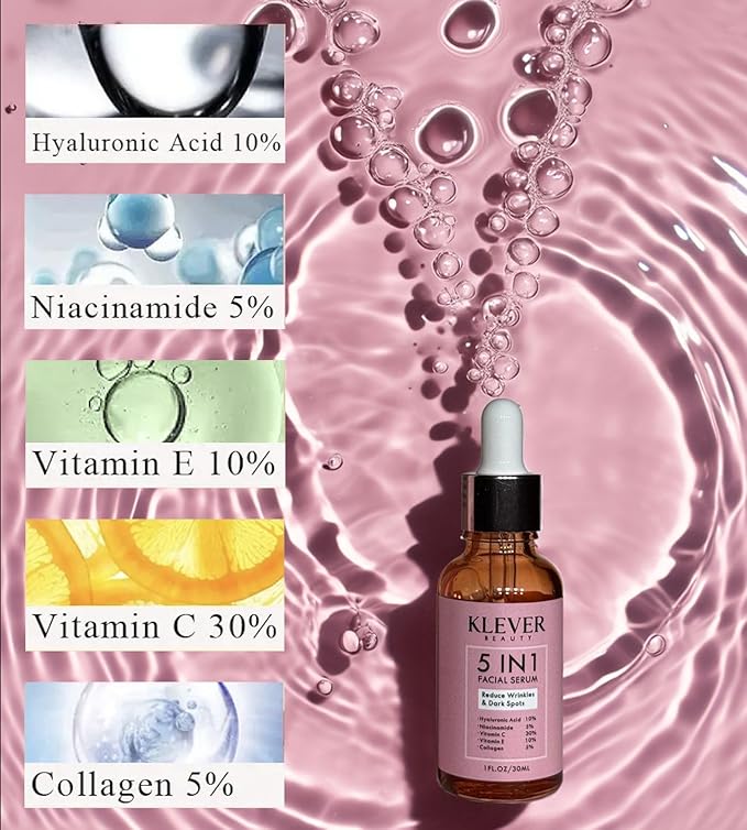 Anti-Aging Face Serum with Hyaluronic Acid, Vitamin C, Collagen, Niacinamide & Vitamin E – Hydrating Facial Treatment for all skin types – KLEVER Beauty, 30 ml