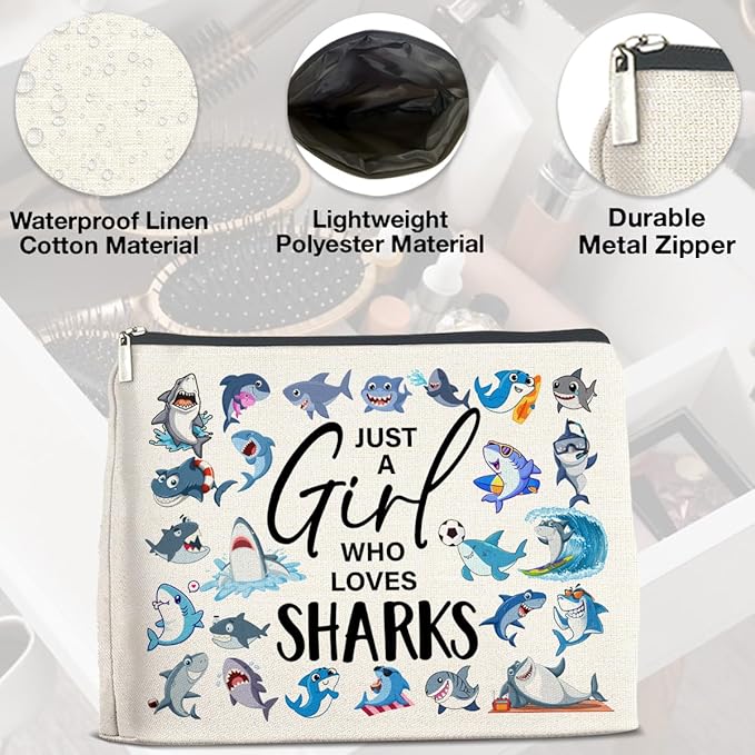 Shark Gifts Makeup Bag Sharks Lover Gifts Shark Gifts for Women Friend Sister Girl Birthday, Just a Girl Who Loves Sharks Zipper Makeup Pouch