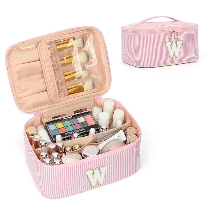 OCHEAL Makeup Bag for Women, Monogram Cosmetic Bag with Brush Holder, Pink Travel Makeup Case Beauty Toiletry Bag Organizer Personalized Gifts for Girls Bridesmaid, Sister, Wife, Friends Initial W