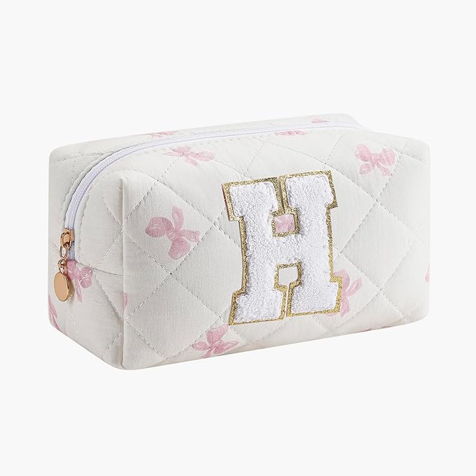 Gleyemor Personalized Initial Makeup Bag for Women, Cute Quilted Pink Floral Cotton Cosmetic Bag, Christmas Gifts for Her Mom Friend Sister Bridesmaid Teacher Women H